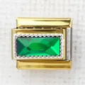 Italian style modular charm in gold finish with rectangular green gemstone inlay - Green Rectangle Wave Border(42)