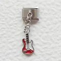 Detailed close-up of a red electric guitar charm on a modular stainless steel Italy charm bracelet - Bass / Silver Red