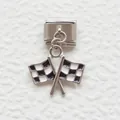 Macro shot of Italian charm link featuring black and white racing checkered flags - Flag / Silver Black White