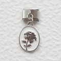 Detail of silver modular charm link with a white floral relief oval pendant - Flower White / Silver White