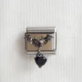 Italian charm bracelet link with gothic black bat wings and heart-shaped gemstone - Bat Heart Style 1