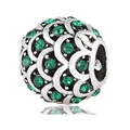 Vintage silver sphere charm with green zircon stones and engraved scales for DIY bracelets - Dark Green Gemstone Scallop Ball (38)