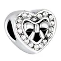 Silver heart bead with bow tie design and white zircon inlay for charm bracelets - Bowknot Heart (11)