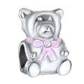 Silver bear charm bead with pink enamel bow tie for DIY beaded charm bracelets - Cartoon Bear