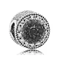 Silver bead charm for DIY bracelets featuring black flower cluster and pave crystals - Black And White Gemstone Flower Cluster Style