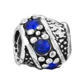 Silver alloy charm bead with floral patterns and three deep blue crystal accents - Cylindrical Three-Stone Dark Blue Style (15)