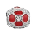 Silver bead charm featuring red enamel flower petals and a sparkling center crystal - Four-Petal Red Flower With Clear Stone Bead (36)