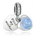 Silver double heart charm with blue roses and First My Mother engraving for bracelets - First My Mother Double Heart - Blue (#16)