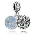 Silver Sweet Mother floral heart charm pendant with sparkling crystals for DIY bracelets - Sweet Mother Double Heart - Blue (#48)