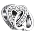 Polished silver heart charm with sparkling cubic zirconia for DIY bead bracelets - Intertwined Hearts