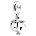 Silver airplane pendant with blue enamel globe and sparkling crystal bead - Blue Airplane Dangle Style