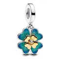 Silver four-leaf clover charm with blue enamel, gold detail and sparkling zircon stone - 005