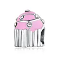 Pink enamel cupcake charm with crystals in silver finish for DIY jewelry bracelets - Pink Cupcake Style (#37)