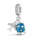 Silver travel charm with sparkling zircon ring, airplane and blue enamel suitcase - Color 013