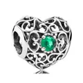Hollow heart charm in oxidized silver with a round green gemstone in Pandora style - Green Gemstone Hollow Heart Style (9)