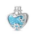 Silver-plated heart potion bottle charm with sky blue glitter inlay and scrollwork - Starry Ocean Energy Bottle Pendant (PAC1133)
