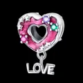Silver heart charm pendant with pink enamel, multi-color gems and LOVE tag on black background - Pink Heart LOVE Style (6127635311959)