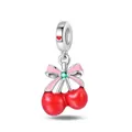 Silver cherry charm with red enamel fruits and pink bow for DIY charm bracelets - Bow Cherry Style (PAC1216)