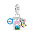 Dettaglio di ciondoli da viaggio con bussola blu, zaino rosa e mappa con zirconi lucidi - Stile Viaggio Zaino Mappa Bussola (11)