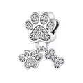Macro shot of silver-tone paw and bone charm with pavé cubic zirconia accents - Paw Bone (CYT347)
