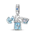 Silver bead charm with blue enamel dress, tulip photo frame, and coffee cup pendant - Dress Photo Frame and Coffee Cup Style