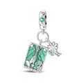 Silver charm pendant featuring Ace of Wands tarot card and daisy with pink stone - Tarot Ace of Wands Style