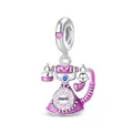 Pink enamel retro phone charm with silver plating and sparkling gemstones - Vintage Phone Hallo (5910654601774)