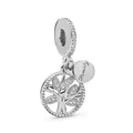 Silver hollow Tree of Life charm with Family engraving and small zircon stones - Silver Double Layer Family Tree Tag