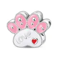 Silver animal paw charm with pink and white enamel and heart-shaped love engraving - Cat Paw Shape