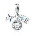 Silver travel charm with blue airplane globe and passport pendant for DIY bracelets - Airplane Globe Passport (Airplane Series) / Silver Blue