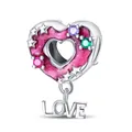 Silver heart charm with pink enamel glitter and dangling LOVE pendant for DIY jewelry - Heart Letter Charm