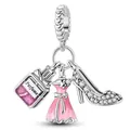 Silver charm set featuring pink enamel perfume bottle, dress, and zircon high heel shoe - Normal Specification / Pink Perfume Trio Style (003)