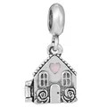 Silver house charm with pink heart for bracelet, featuring vintage floral carvings - Little House