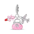 Dettaglio di ciondoli in argento S925 con rossetto, borsa rosa e aereo con zirconi - Stile Viaggio Aereo Borsa Rossetto (10)