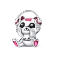 Silver music cat charm with pink headphones and Music engraving for charm bracelets - Music Cat Style (PAC1186)