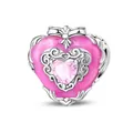 Pink heart charm with sparkling gemstone and silver bow for DIY jewelry bracelets - Baroque Vintage Heart Bead (PAC1578)