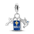 Macro view of S925 silver religious charm with cross, Bible book and peace dove - Religious Bible Cross Style (7)