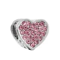 Pink crystal heart charm bead with intricate cutout pattern in silver finish for DIY jewelry - Pink Rhinestone Heart Charm (#15)