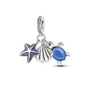 Ciondolo oceano in argento con stella marina blu, conchiglia e tartaruga in cristallo - Oceano blu 3 in 1