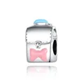 Macro detail of silver backpack charm with pink bow and light blue handle accents - Blue Bow Backpack (CCT256)