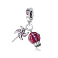 Dettaglio charm in argento S925 con gemma a cuore rosa, mongolfiera e ciondolo a mulino - Stile Mulino a Vento Mongolfiera