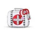 Macro detail of silver medical charm with red enamel cross and stethoscope heart - Medical Kit Box Bead