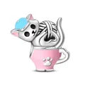 S925 silver cute cat in pink cup charm with blue hat and yarn ball for DIY bracelets - Afternoon Tea Cup Cat Style (PAC1171)