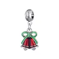 Silver fashion bead with red Christmas bells and green bow charm for DIY jewelry - Enamel Double Red Bells Style