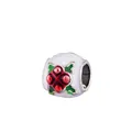 White enamel bead charm with red berries and green leaves for DIY jewelry making - Red Berry Green Leaf White Enamel Bead