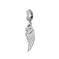 Silver hollow angel wing and heart charm pendant with micro-pave cubic zirconia accents - Angel Wings Heart Style