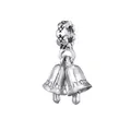 Vintage silver double bell pendant with engraved cross-grid bead and antique finish - Vintage Silver Double Bells Style