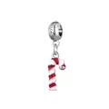 Silver candy cane charm with red enamel and Fashion engraving for DIY bracelets - Red White Candy Cane Style