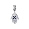 Silver Hamsa hand charm with evil eye design and micro-pave crystals for DIY bracelets - Hamsa Style
