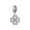 Elegant silver four-leaf clover heart charm with cubic zirconia pavé setting - Hollow Clover Shape